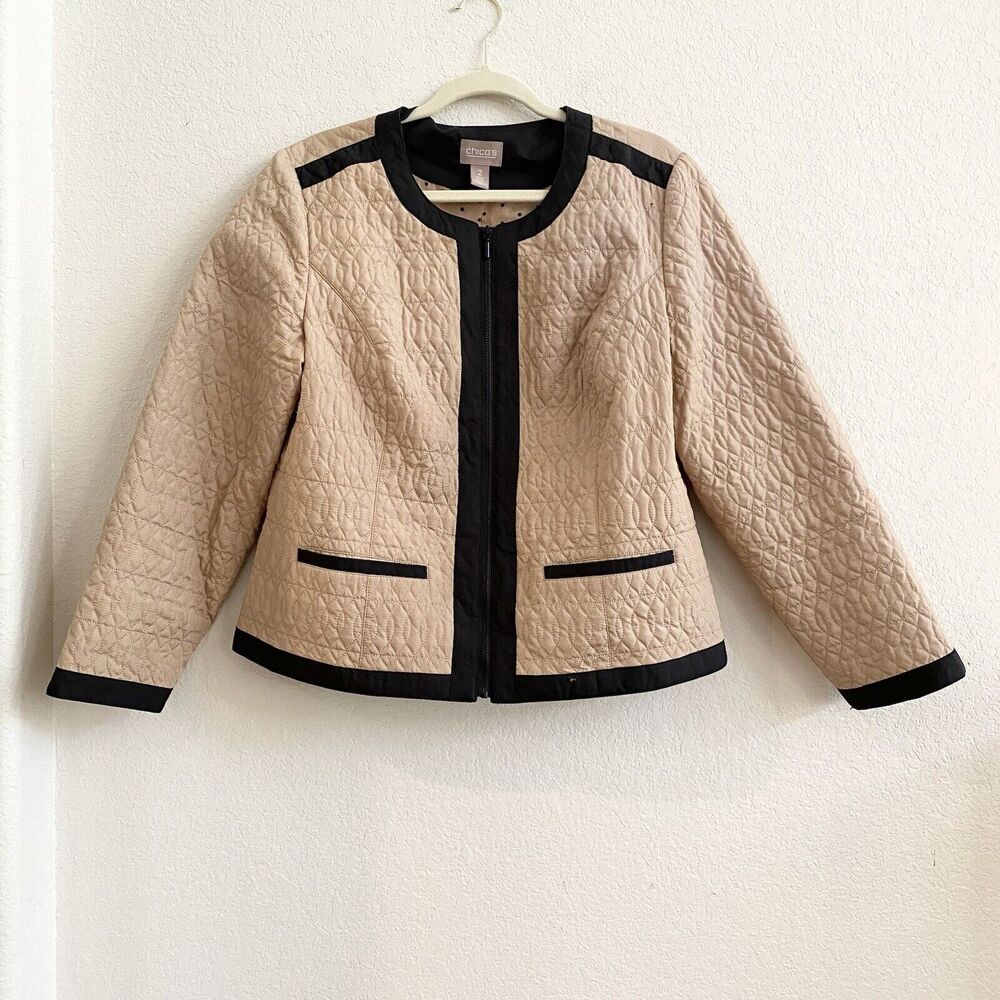 Chico's Full Zip Up Quilted Polka Dot Lined Casual Blazer Jacket Size 2 (12-14)